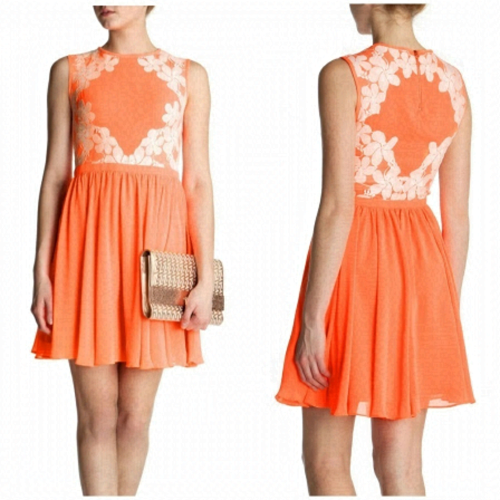 Ted BAKER London Neon Orange Chiffon White Lace Fit & Flare Vember Mini Dress